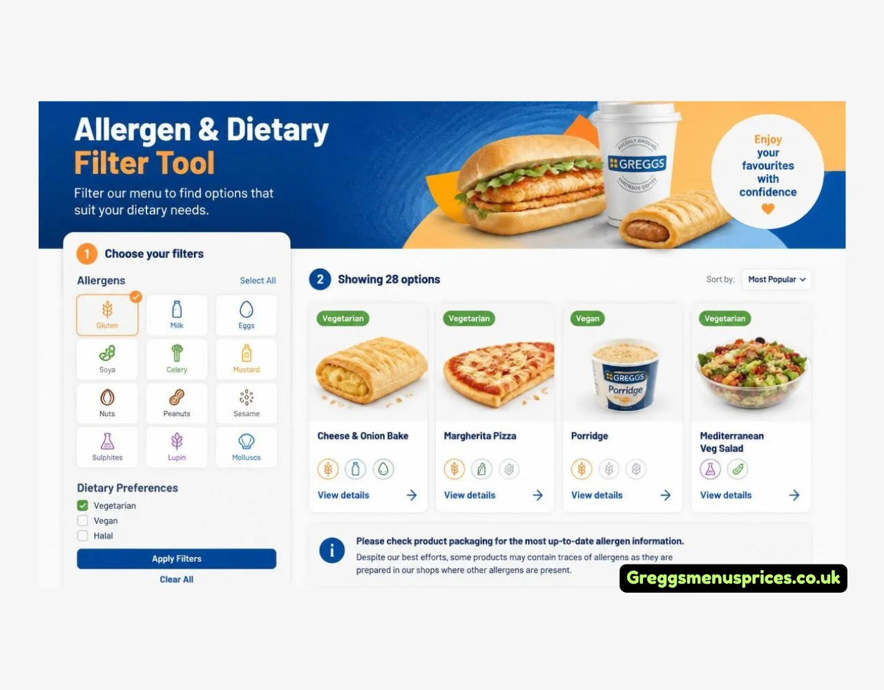 Greggs Allergen & Dietary Filter Tool